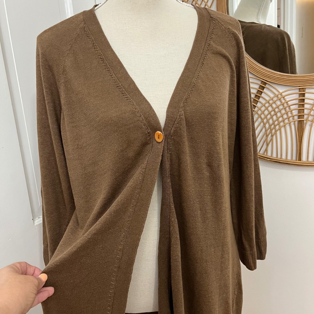 Lafayette 148 Brown Knit Linen Cardigan 1X Long Minimalist Academia Quiet Luxury
